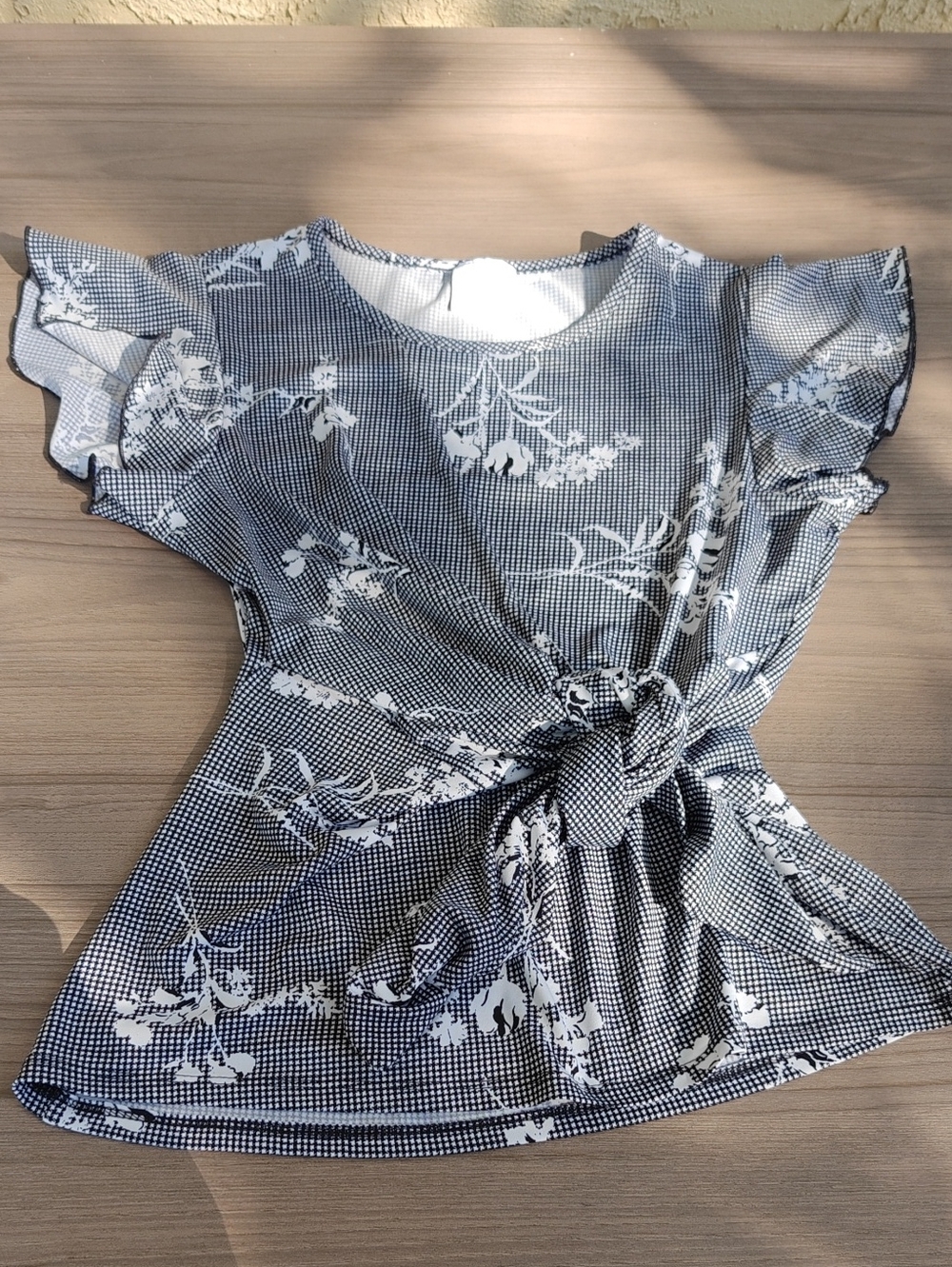 Marina Luna Navy and White Floral Tie-Front Blouse